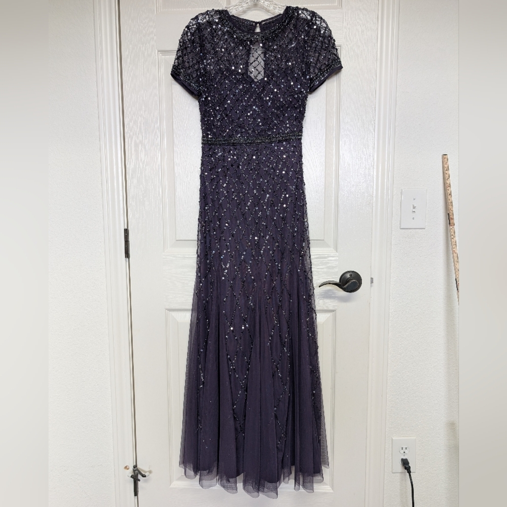Adrianna Papell Purple Grid Mesh Beaded Dress Gown 4P Mother Of The Bride Event